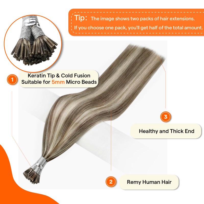 Full Shine Itip Human Hair Extensions 18 Inch 40 Grams Ash Brown Highlights Platinum Blonde I Tip Hair Extensions Human Hair Natural Straight Hair Pre Bonded Extensions - Image 2