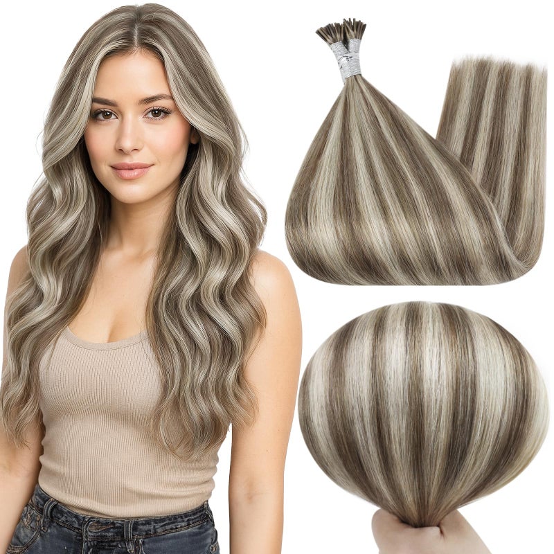 Full Shine Itip Human Hair Extensions 18 Inch 40 Grams Ash Brown Highlights Platinum Blonde I Tip Hair Extensions Human Hair Natural Straight Hair Pre Bonded Extensions - Image 1