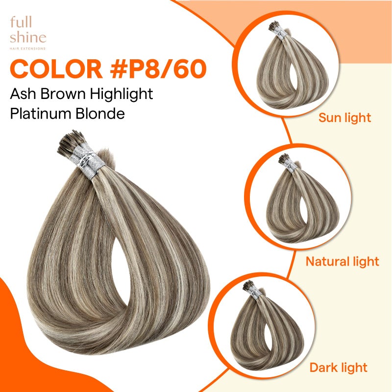 Full Shine Itip Human Hair Extensions 18 Inch 40 Grams Ash Brown Highlights Platinum Blonde I Tip Hair Extensions Human Hair Natural Straight Hair Pre Bonded Extensions - Image 3