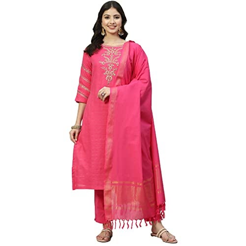 BIBA Women Cotton Yarndyed Narrow Salwar Kurta Dupatta(Skdassorted6533E_Fuchsia_34) - Image 1