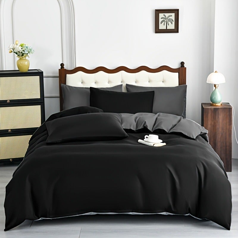 5pcs Dual-Style Solid Color Duvet Cover and Pillowcase Set, Brushed Fabric Skin-Friendly All-Season Breathable Comfortable Minimalist Duvet Cover and Pillowcase Set, Includes One Duvet Cover and Four Pillowcases - Image 1