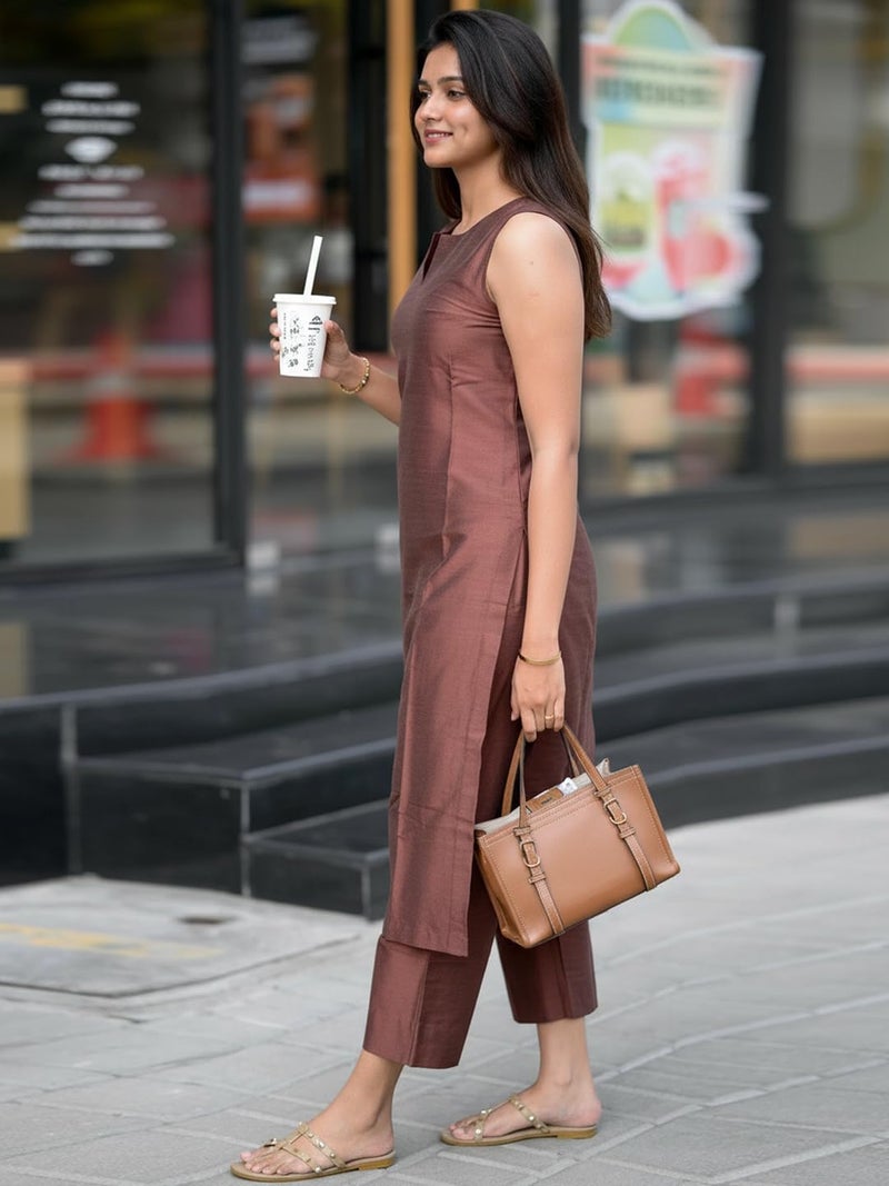 ANNI Designer Women's Rayon Viscose Straight Solid Kurta with Pant (RIMPY Brown_S_Brown_Small) - Image 4
