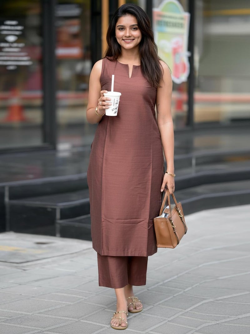 ANNI Designer Women's Rayon Viscose Straight Solid Kurta with Pant (RIMPY Brown_S_Brown_Small) - Image 3