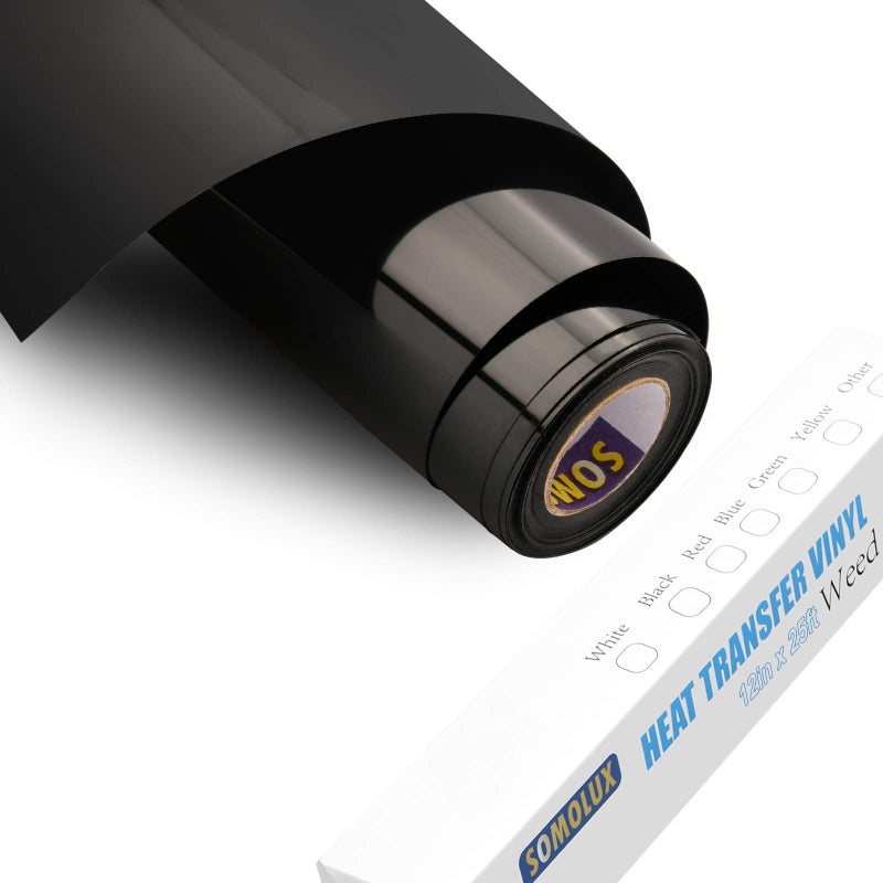 SOMOLUX HTV Iron on Vinyl 12inch x 25feet Roll Easy to Cut  Weed Iron on Heat Transfer Vinyl DIY Heat Press Design for TShirts Glossy Black
