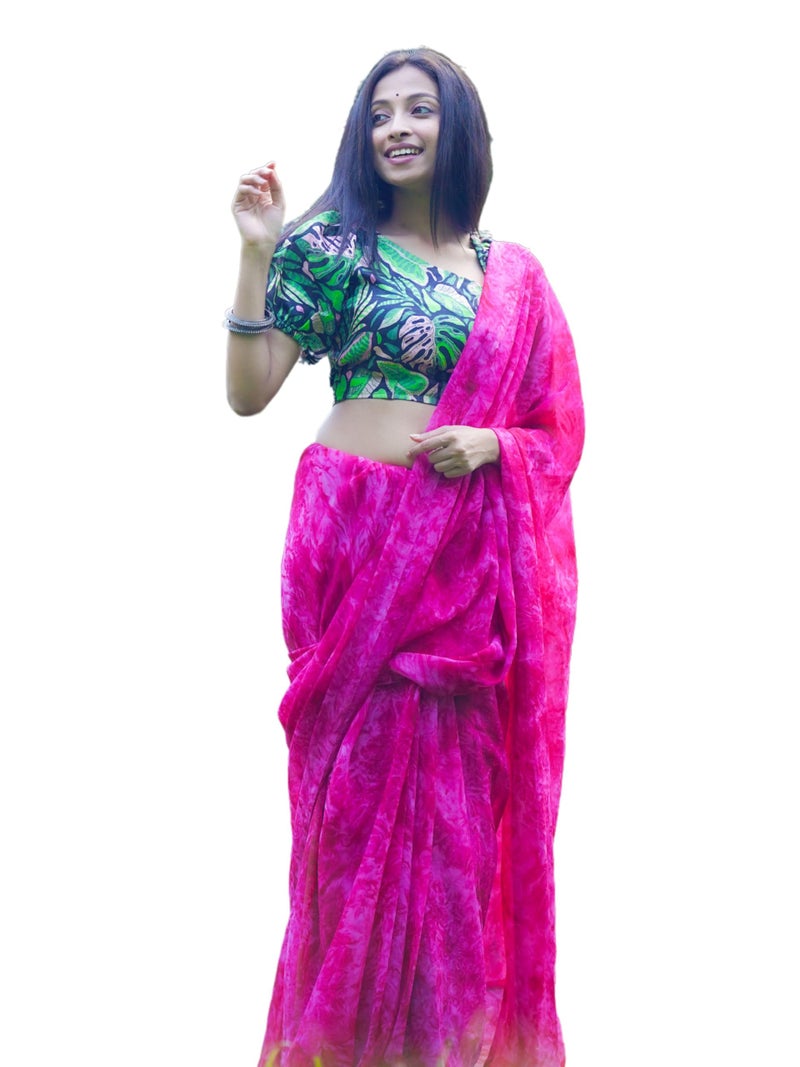 EthnicJunction Women's Georgette Digital Print Ready To Wear Saree With Blouse Piece, Rani - Image 1