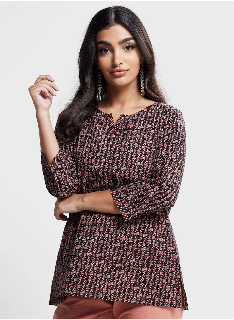 فاب انديا V-Neck Printed Short Kurta
