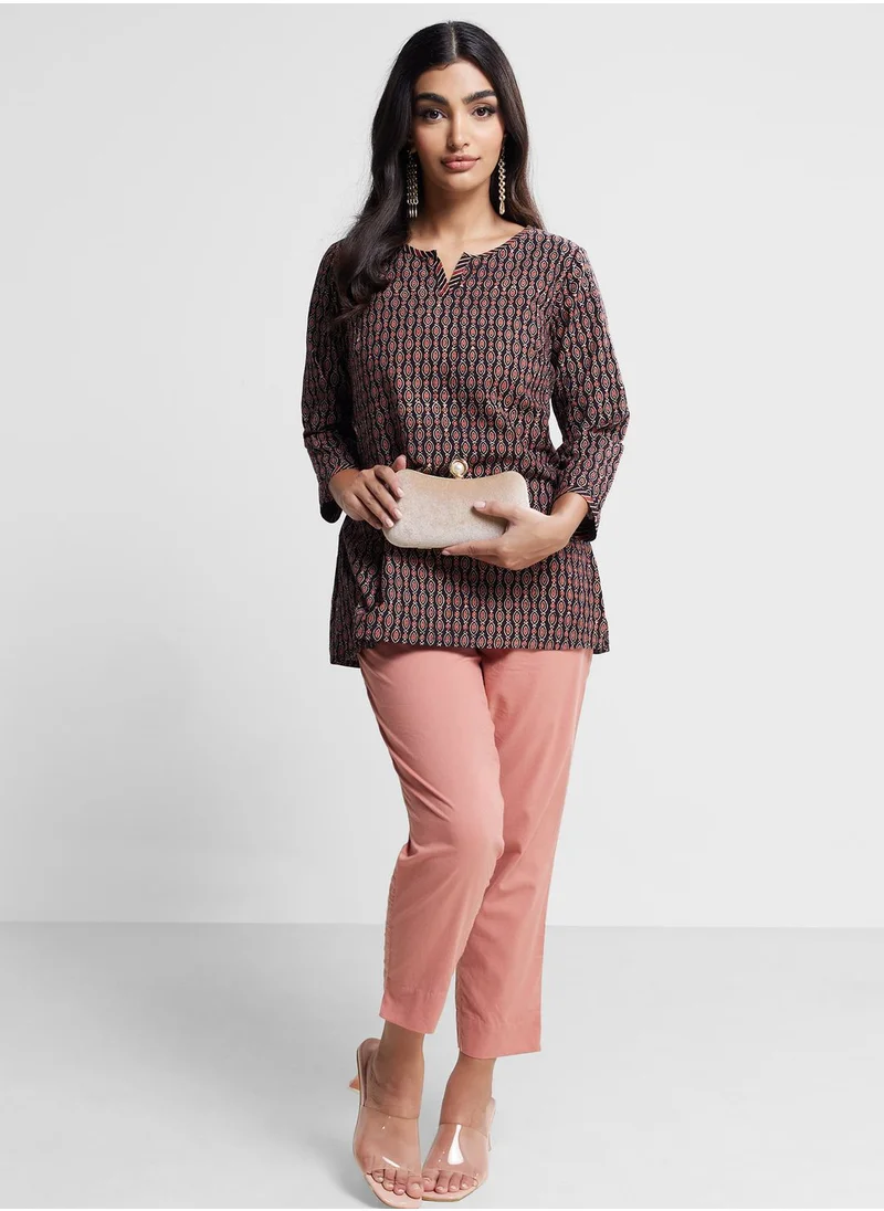 فاب انديا V-Neck Printed Short Kurta
