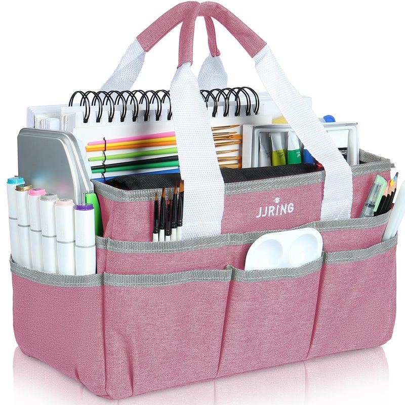 JJRING Craft Organizer Tote Bag Art Storage Caddy with Multiple Pockets Pink Sewing Bag for Art Craft Scrapbooking School Medical and Office Supplies Storage