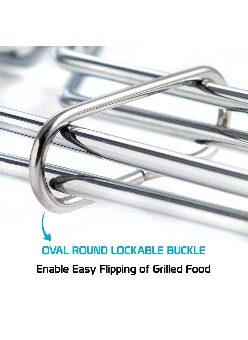 PYU ENJOY SHOPPING PYU Stainless Steel Portable Barbecue BBQ Grill Net Basket Roast Grilling Tray Plated with Wooden Handle Chromium Plated Stainless Steel Barbecue BBQ Grill Net Basket with Wooden Handle  - Image 3