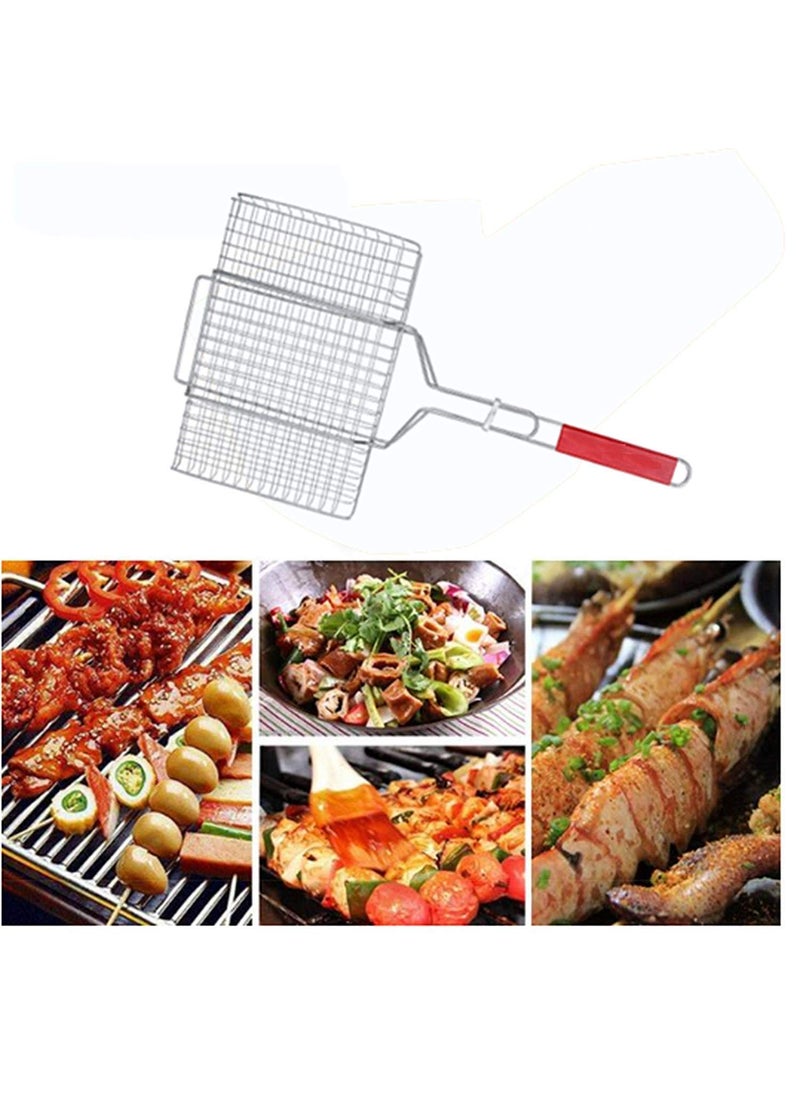PYU ENJOY SHOPPING PYU Stainless Steel Portable Barbecue BBQ Grill Net Basket Roast Grilling Tray Plated with Wooden Handle Chromium Plated Stainless Steel Barbecue BBQ Grill Net Basket with Wooden Handle  - Image 1