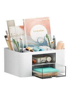 Arabest Pen Organizer with 2 Drawer, Multi-Functional Pencil Holder for Desk, Desk Organizers and Accessories with 5 Compartments + Drawer for Office Art Supplies (White) Give Away 4 Cute Stickers  - Image 1