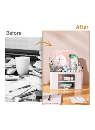 Pen Organizer with 2 Drawer, Multi-Functional Pencil Holder for Desk, Desk Organizers and Accessories with 5 Compartments + Drawer for Office Art Supplies (White) Give Away 4 Cute Stickers - view 2