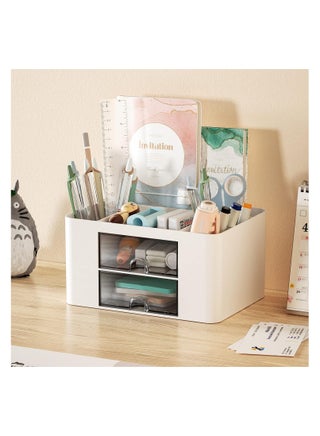 Pen Organizer with 2 Drawer, Multi-Functional Pencil Holder for Desk, Desk Organizers and Accessories with 5 Compartments + Drawer for Office Art Supplies (White) Give Away 4 Cute Stickers - view 5