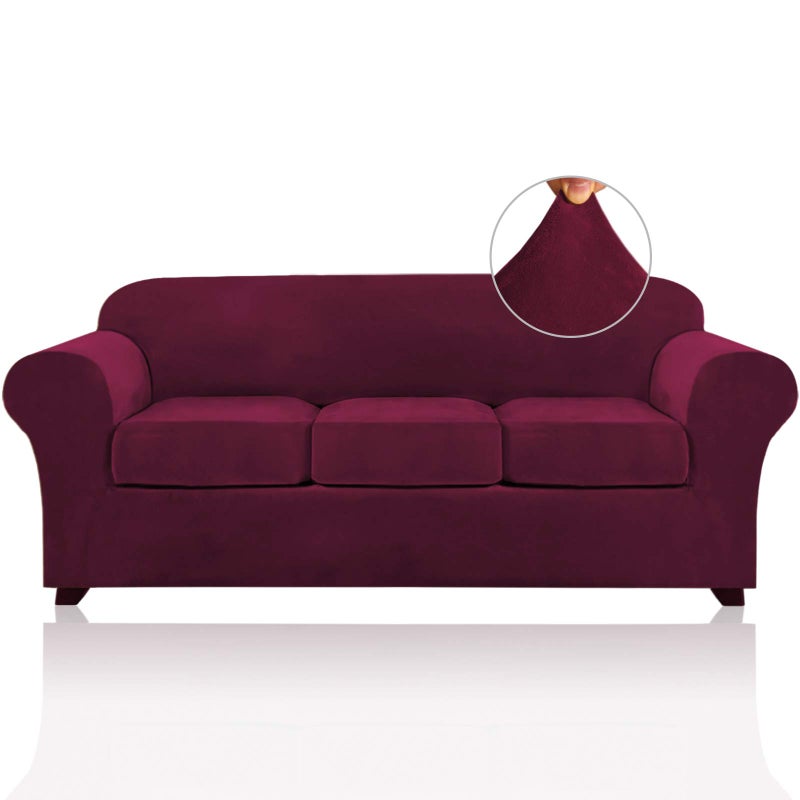 PrinceDeco PrinceDeco Velvet Couch Covers for Sofa Soft 4 Pieces Couch Covers for 3 Cushion Couch Sofa Pet Friendly Furniture Protector with Non Slip Elastic Bottom Width Up to 90 InchLarge Burgundy 
