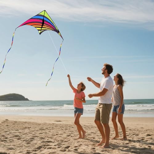 Kaiciuss 3 Pack Delta Kite Set for Adults and Kids Single Line Beach Kites for Boys Girls Three Handle with String Included Blue Rainbow Orange - Image 3
