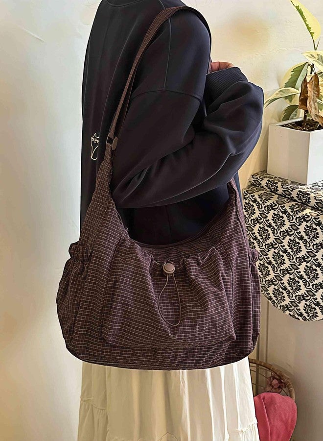 Winatehr Plaid Purse Crossbody Bags, Nylon Slouchy Hobo Crossbody Bag, Cute Messenger Bag for Women, Brown Crescent Crossbody Purse, Trendy Everyday Fall Purse for Aesthetic - Image 2