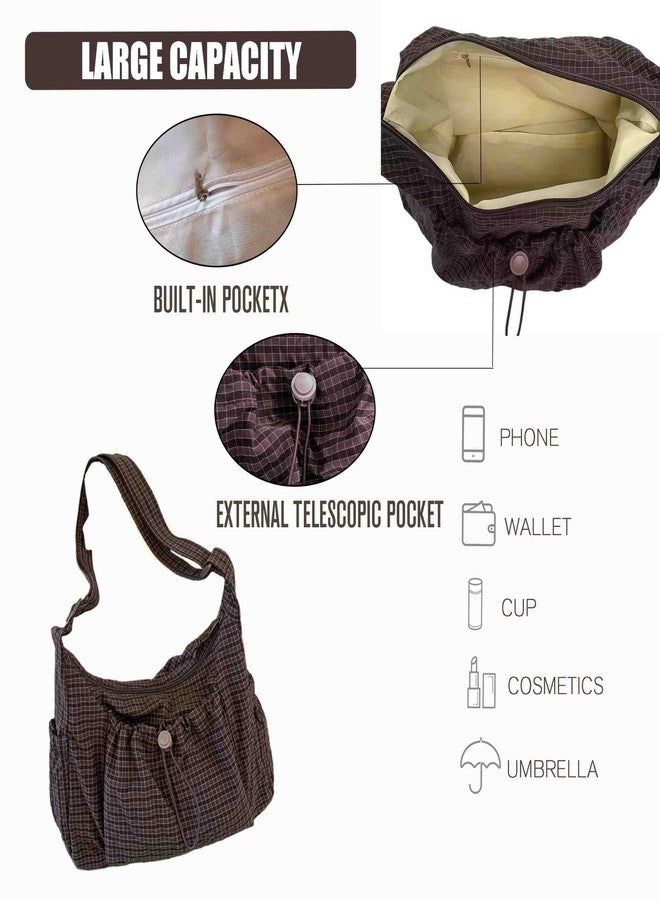 Winatehr Plaid Purse Crossbody Bags, Nylon Slouchy Hobo Crossbody Bag, Cute Messenger Bag for Women, Brown Crescent Crossbody Purse, Trendy Everyday Fall Purse for Aesthetic - Image 5