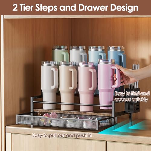 Kssiaz Water Bottle Organizer for Full Stanley 40 oz Tumbler with Handle, 2 Tier Tumbler Organizer for 8 Cups, Kitchen Pantry Organizers and Storage for Owala Stanley Cup Accessories, Brown - Image 5