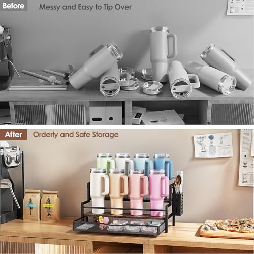 Kssiaz Water Bottle Organizer for Full Stanley 40 oz Tumbler with Handle, 2 Tier Tumbler Organizer for 8 Cups, Kitchen Pantry Organizers and Storage for Owala Stanley Cup Accessories, Brown - Image 3