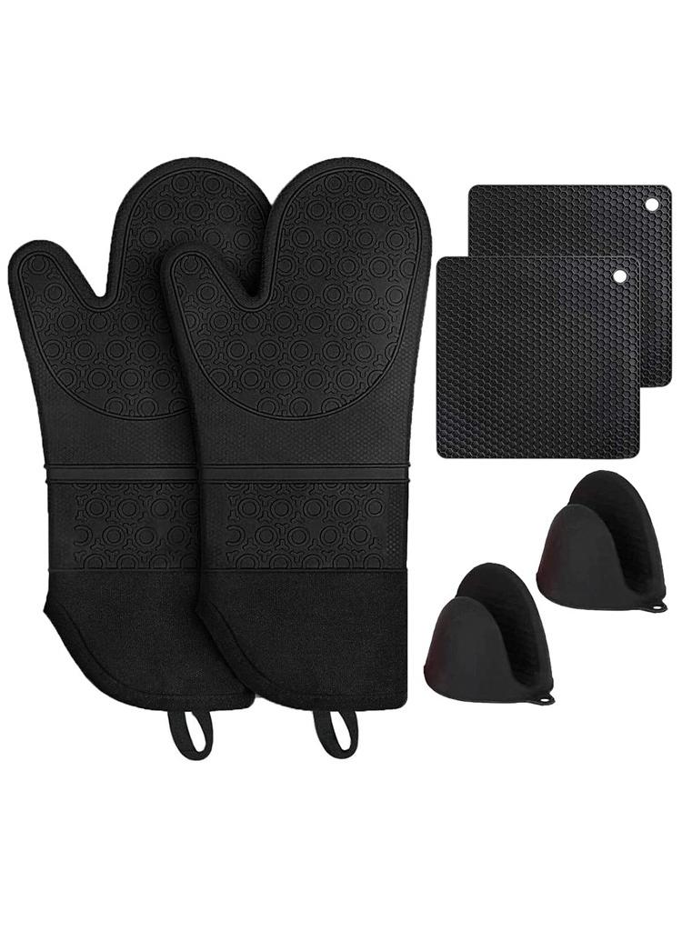 XiuWoo Silicone Oven Mitts and Pot Holders Set, Heat Resistant Mittens with Mini Gloves Hot Pads, for Kitchen Baking Cooking, Quilted Liner, Black,Pack of 6  - Image 1