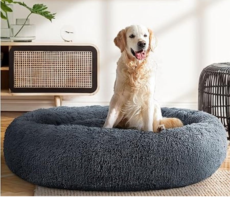 ZEXSAZONE Summer Round Donut Pet Bed for Cats & Puppies Dogs | XL Size Cozy Mdium Plush Calming Bed with Raised Rim Support | 2-in-1 Reversible Both Sides Usable | Washable Soft Pet Mat | Grey L - Image 1