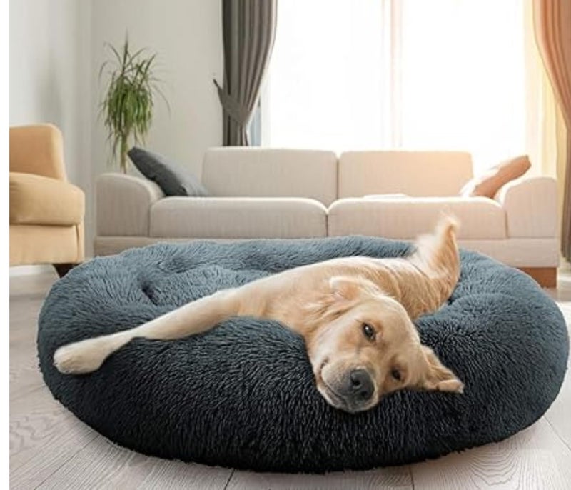 ZEXSAZONE Summer Round Donut Pet Bed for Cats & Puppies Dogs | XL Size Cozy Mdium Plush Calming Bed with Raised Rim Support | 2-in-1 Reversible Both Sides Usable | Washable Soft Pet Mat | Grey L - Image 2