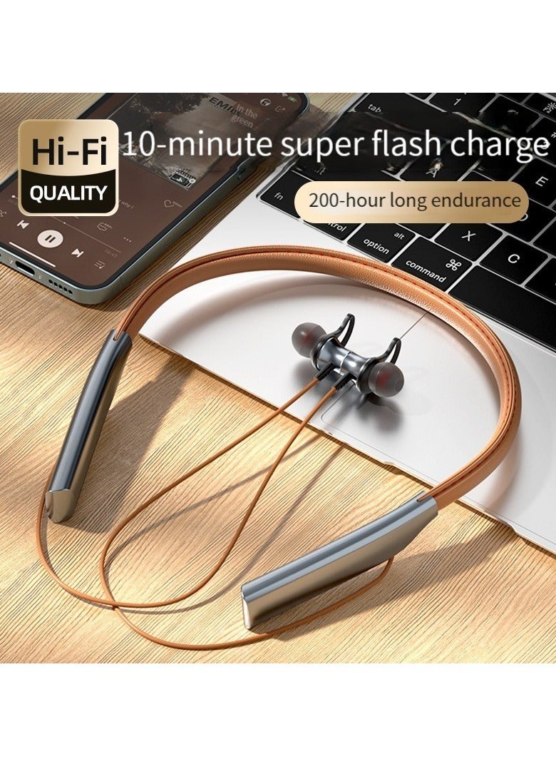 New leather Bluetooth headset with ultra-fast flash charging and long battery life in-ear wireless neck-mounted sports Bluetooth headset (brown)  - Image 2