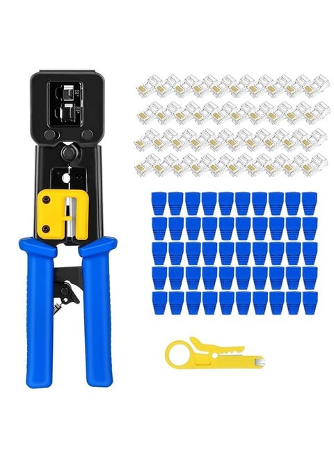 WiredCom Tools Kit RJ45 Crimping Tool Ethernet Crimper for Cat6 Cat5 Cat5e RJ45 Pass Through Connectors and R11RJ12 Regular Ends with 50Pcs Connectors 50Pcs Boot Covers and 1 Cable Cutter