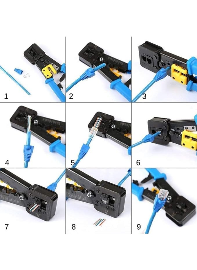 WiredCom Tools Kit RJ45 Crimping Tool Ethernet Crimper for Cat6 Cat5 Cat5e RJ45 Pass Through Connectors and R11RJ12 Regular Ends with 50Pcs Connectors 50Pcs Boot Covers and 1 Cable Cutter