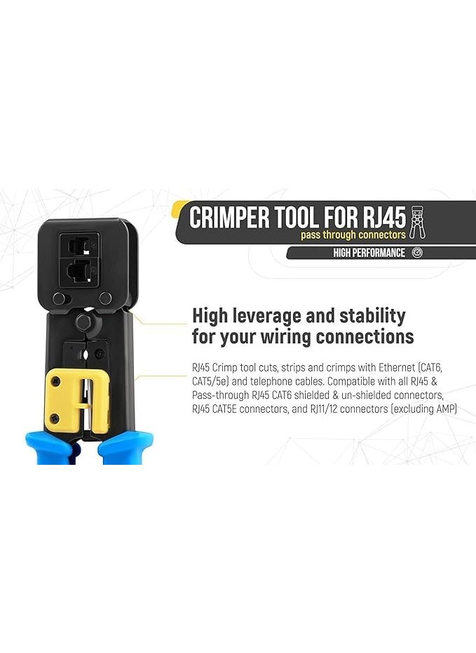 WiredCom Tools Kit RJ45 Crimping Tool Ethernet Crimper for Cat6 Cat5 Cat5e RJ45 Pass Through Connectors and R11RJ12 Regular Ends with 50Pcs Connectors 50Pcs Boot Covers and 1 Cable Cutter