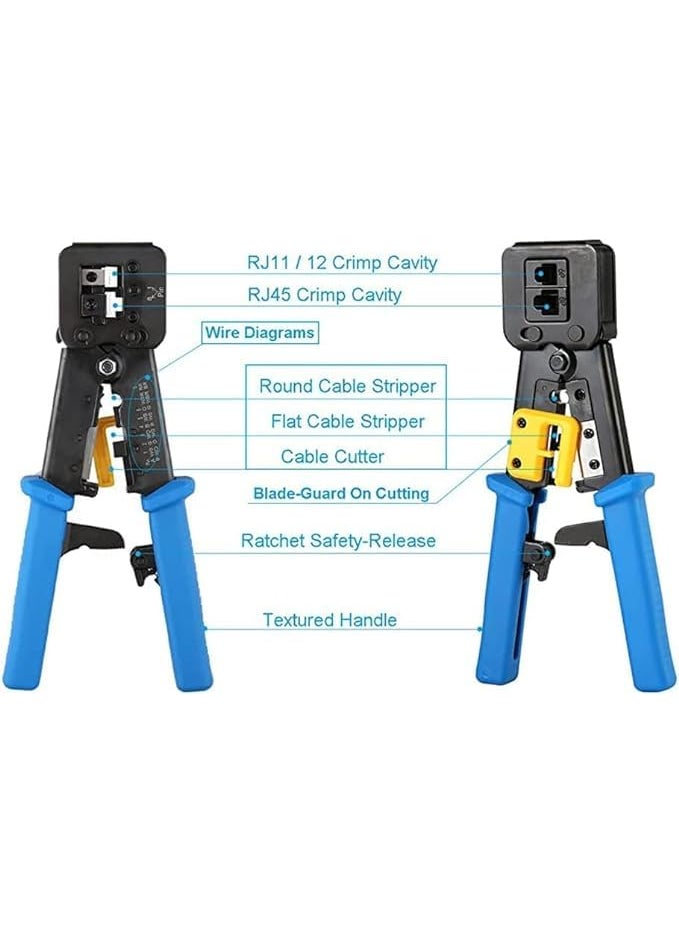 WiredCom Tools Kit RJ45 Crimping Tool Ethernet Crimper for Cat6 Cat5 Cat5e RJ45 Pass Through Connectors and R11RJ12 Regular Ends with 50Pcs Connectors 50Pcs Boot Covers and 1 Cable Cutter