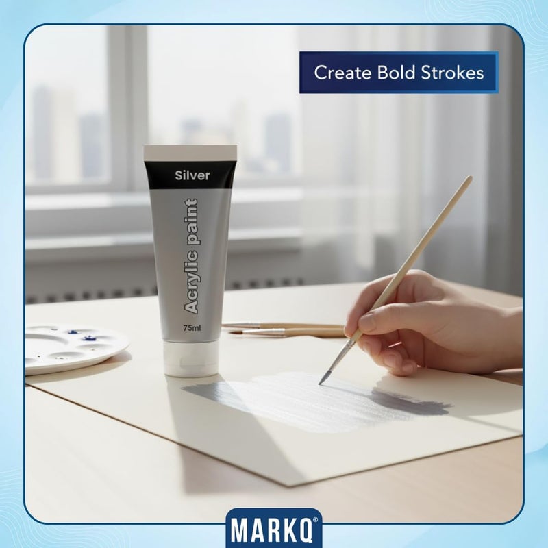 MARKQ طلاء أكريليك 75 مل أنبوب – ألوان فنية غنية، عالية الصبغة وغير سامة | 10 ألوان نابضة للحياة للحرف اليدوية، القماش، الورق، الخشب، القماش، ومشاريع الفن (فضي) - Image 3