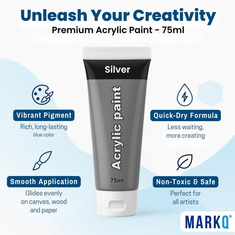 MARKQ طلاء أكريليك 75 مل أنبوب – ألوان فنية غنية، عالية الصبغة وغير سامة | 10 ألوان نابضة للحياة للحرف اليدوية، القماش، الورق، الخشب، القماش، ومشاريع الفن (فضي) - Image 1