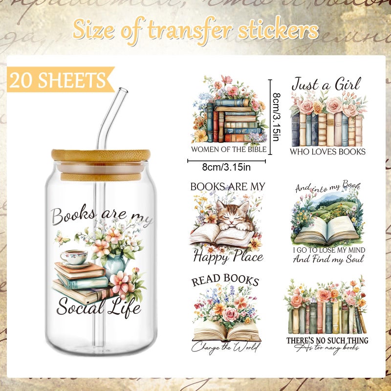 Rngmsi Vintage UV DTF Cup Wrap - 20 Sheets Reading Books UVDTF Decals for 16 oz Glass Cups, Flower Waterproof Bookish Rub on Transfer Stickers for Water Botters, DIY Crafts Book Lover Gift - Image 2