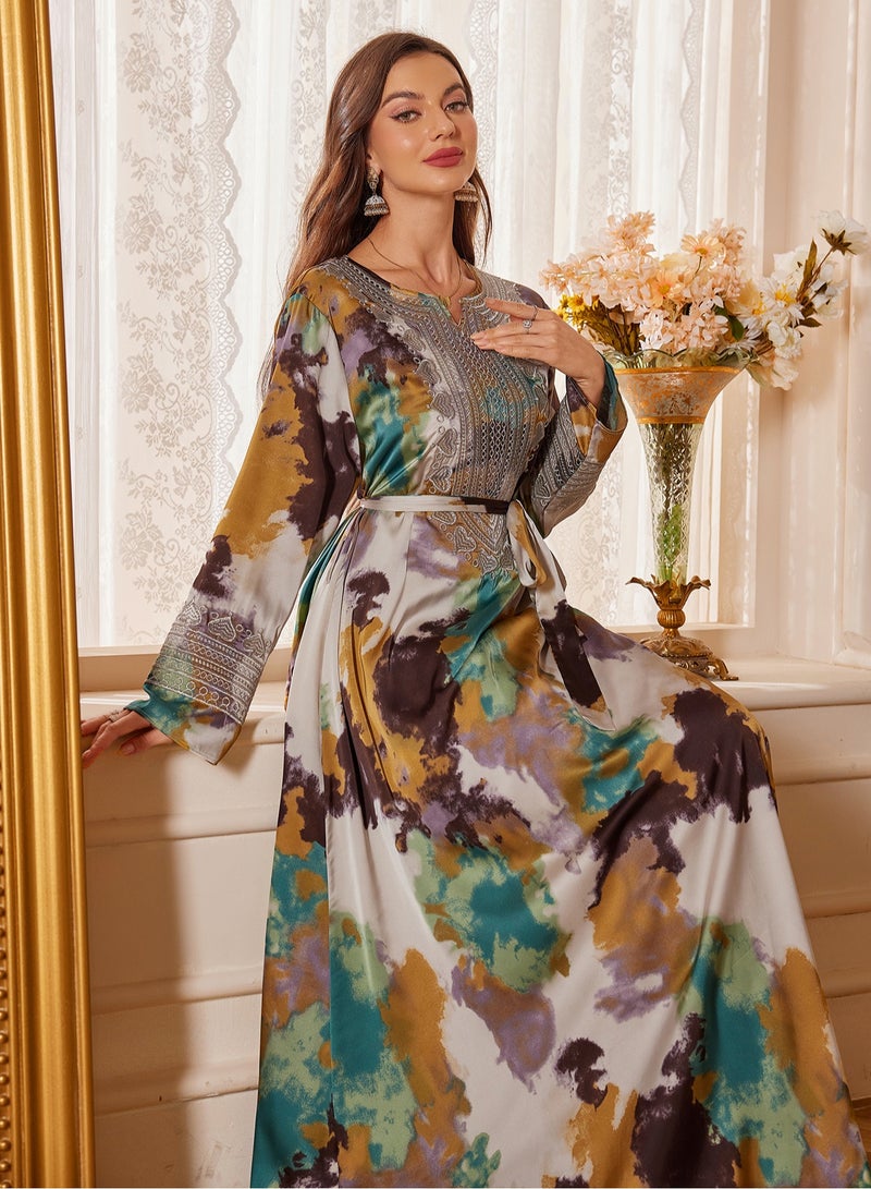 إسكدنيا عباية أنيقة بأكمام طويلة وتطريز ملون مع حزام - فستان تقليدي للنساء - Image 5