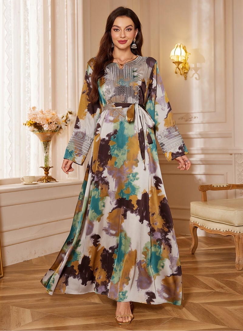 إسكدنيا عباية أنيقة بأكمام طويلة وتطريز ملون مع حزام - فستان تقليدي للنساء - Image 3