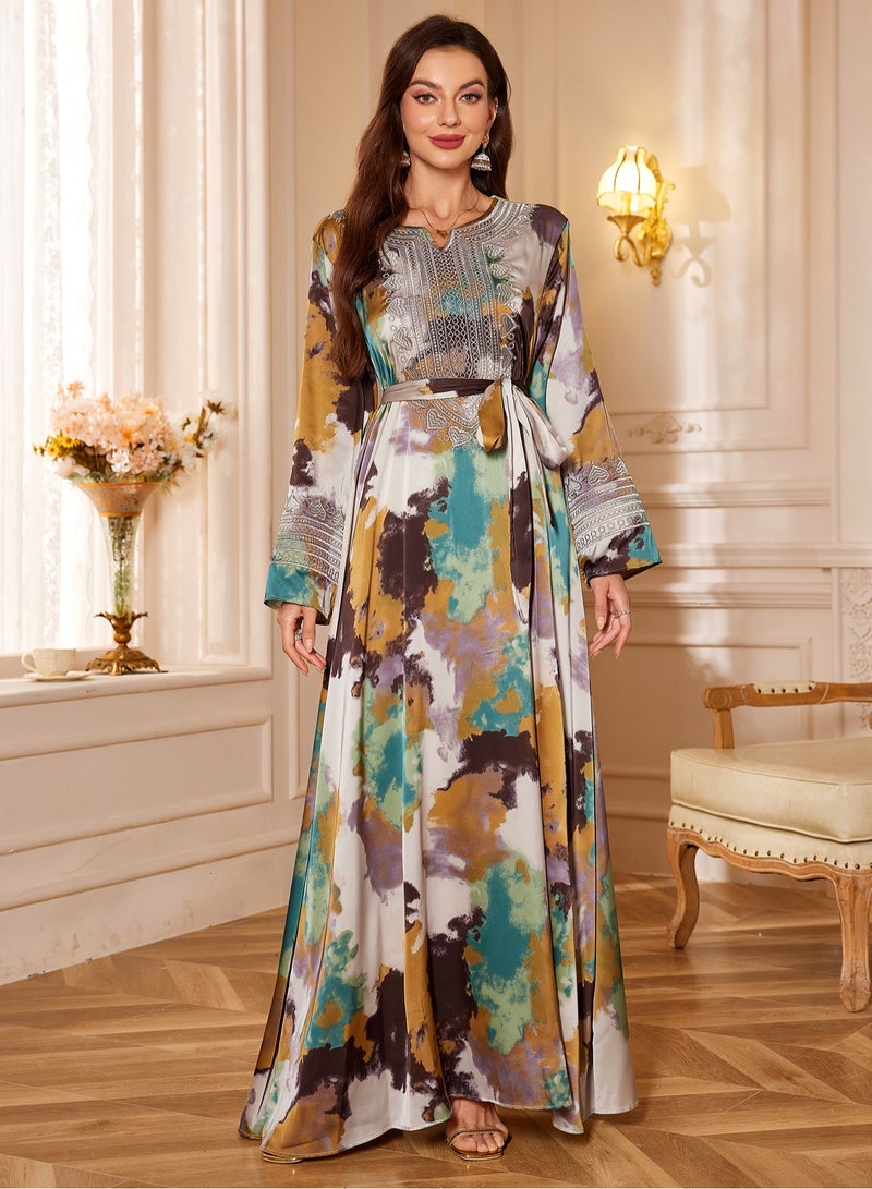 إسكدنيا عباية أنيقة بأكمام طويلة وتطريز ملون مع حزام - فستان تقليدي للنساء - Image 1