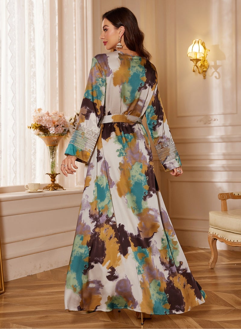 إسكدنيا عباية أنيقة بأكمام طويلة وتطريز ملون مع حزام - فستان تقليدي للنساء - Image 2