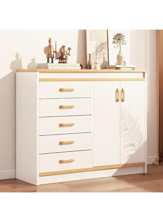 خزانة أدراج، خزانة تخزين خشبية بخمسة أدراج وبابين للأدوات المنزلية وأدوات المطبخ، خزانة تخزين أدراج عصرية لغرفة المعيشة وغرفة الطعام وغرفة النوم (أبيض، DG100) - Image 2