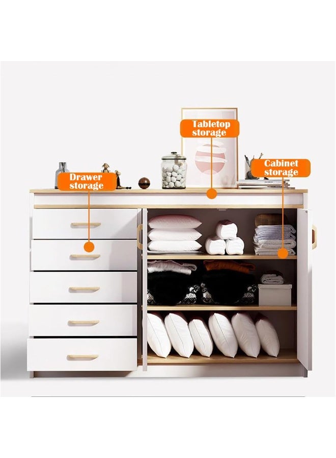 خزانة أدراج، خزانة تخزين خشبية بخمسة أدراج وبابين للأدوات المنزلية وأدوات المطبخ، خزانة تخزين أدراج عصرية لغرفة المعيشة وغرفة الطعام وغرفة النوم (أبيض، DG100) - Image 4