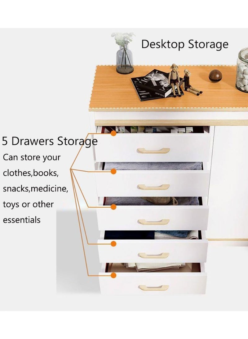 خزانة أدراج، خزانة تخزين خشبية بخمسة أدراج وبابين للأدوات المنزلية وأدوات المطبخ، خزانة تخزين أدراج عصرية لغرفة المعيشة وغرفة الطعام وغرفة النوم (أبيض، DG100) - Image 5