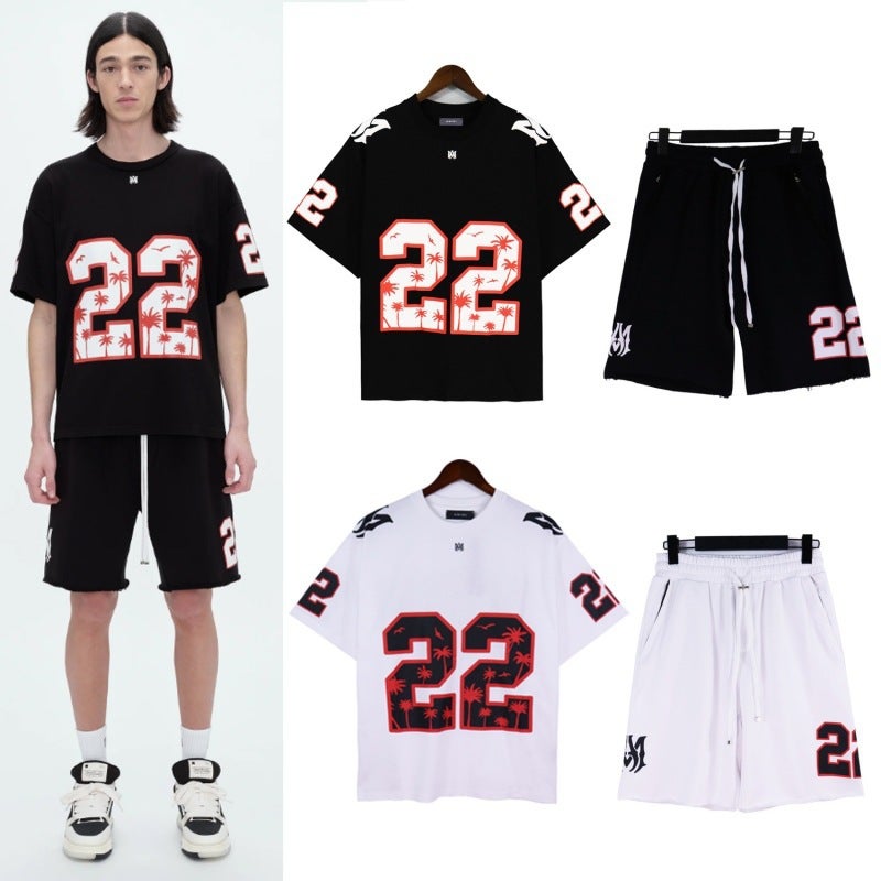 Amiri24 New Logo Short-Sleeved T-Shirt Digital 22 Washed Retro Couples Trendy Sports 5 Points Shorts Suit - Image 4