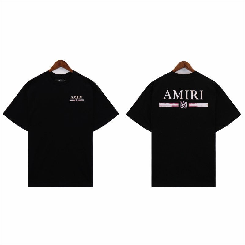 Amiri24 New Logo Short-Sleeved T-Shirt Digital 22 Washed Retro Couples Trendy Sports 5 Points Shorts Suit - Image 1