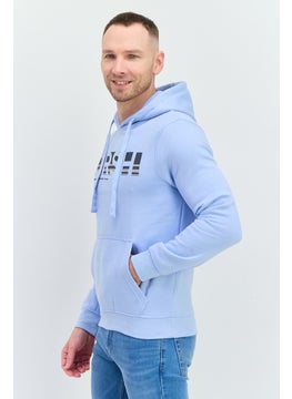 CROSSHATCH Men Hooded Brand Logo Long Sleeve Sweatshirt, Light Blue  - Image 2