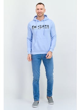 CROSSHATCH Men Hooded Brand Logo Long Sleeve Sweatshirt, Light Blue  - Image 4