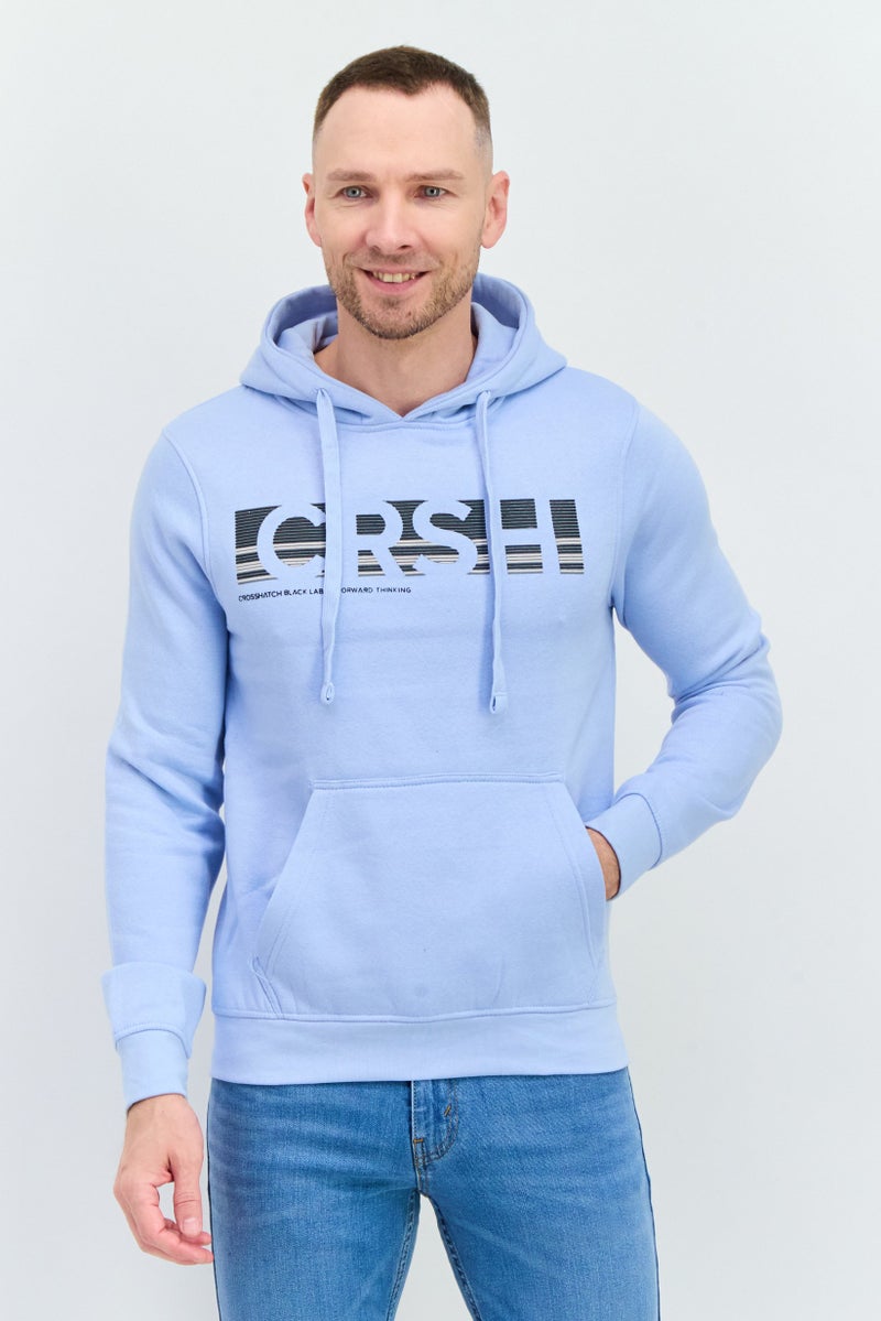 CROSSHATCH Men Hooded Brand Logo Long Sleeve Sweatshirt, Light Blue - Image 1