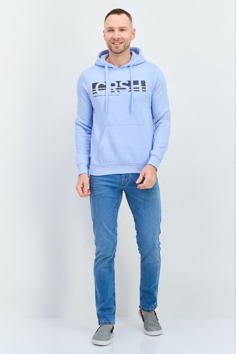 CROSSHATCH Men Hooded Brand Logo Long Sleeve Sweatshirt, Light Blue - Image 4