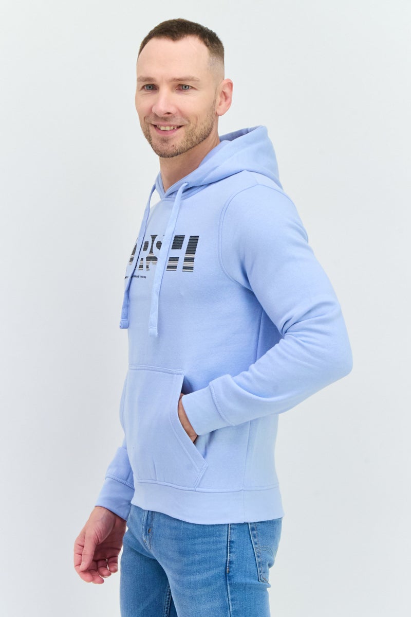 CROSSHATCH Men Hooded Brand Logo Long Sleeve Sweatshirt, Light Blue - Image 4