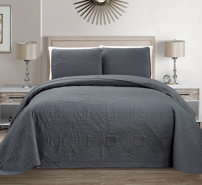 Linen Plus Collection 3 Pieces KingCalifornia King Over Size Embossed Coverlet Bedspread Set Solid CharcoalDark Grey 118 x 106 New