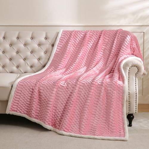 Gracelife Sherpa Throw Blanket for Couch Flannel Cozy Soft Thick Blanket Warm Twin Blanket for Bed Fleece Home Decor Gifts, Z01 - Pink, 60"*80" - Image 2